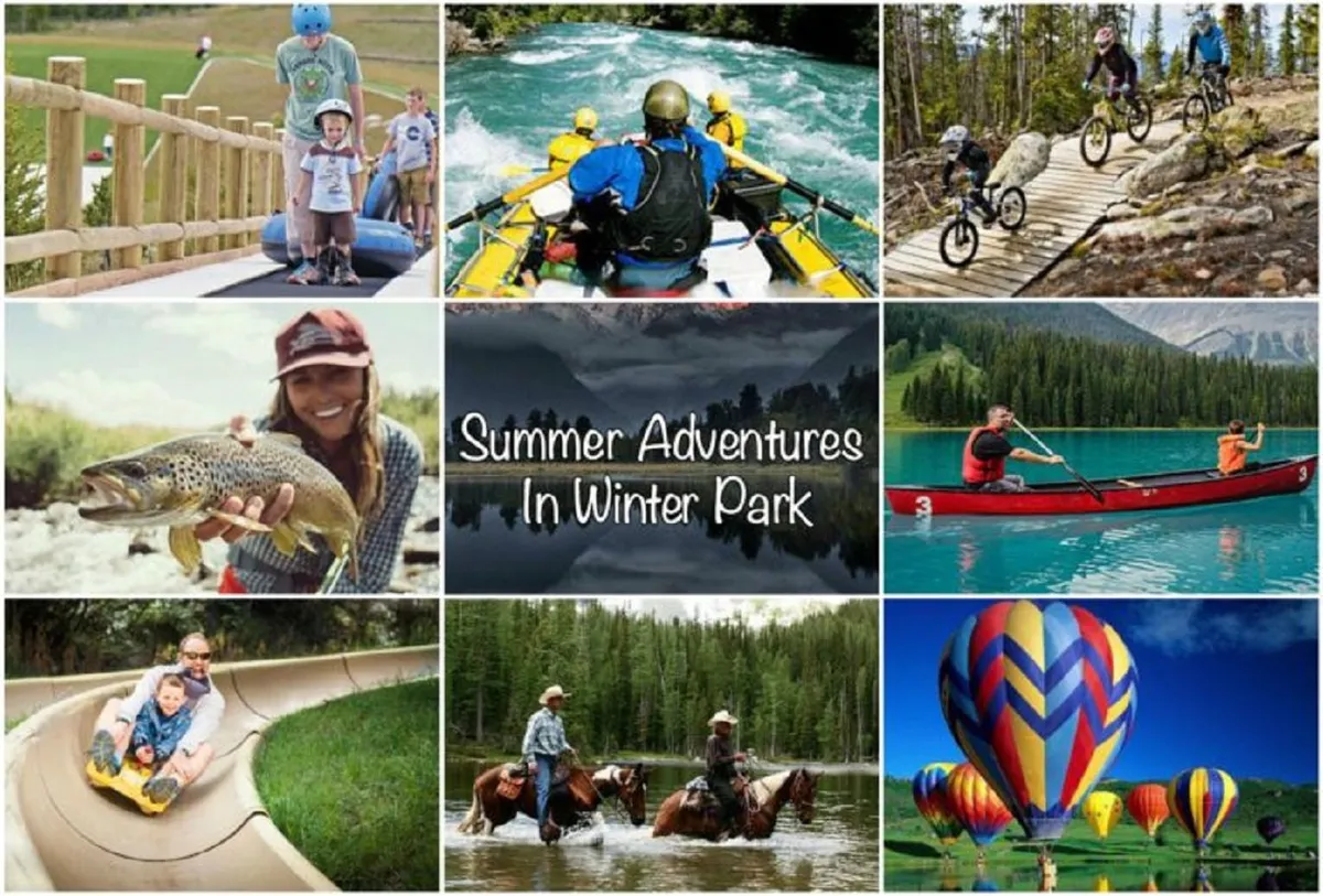 A lively collage-style scene showcasing families participating in outdoor summer activities such as white water rafting, fishing, biking, sliding, kayaking, horseback riding, and even hot air ballooning. The image conveys a sense of adventure and connection to nature across different seasons.