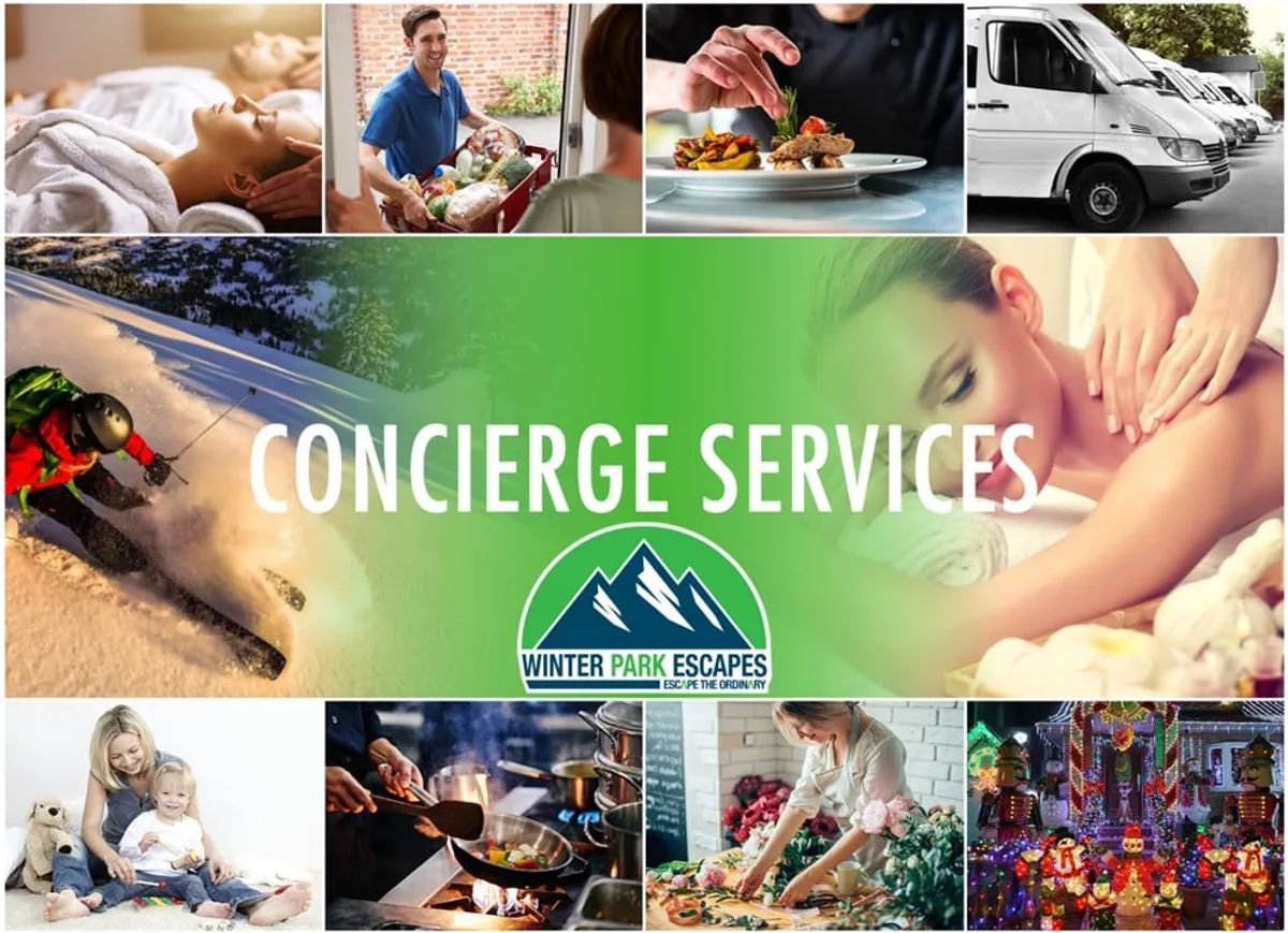 This image captures a vibrant collage of activities and moments, including family members skiing together, a gourmet meal on a festive table, spa treatments, cooking, and holiday decorations. The scene blends adventure with relaxation, hinting at both winter and summer experiences.