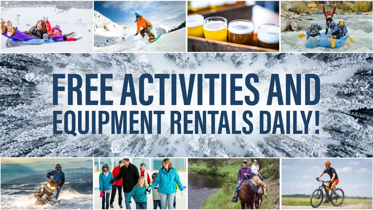 This interior promotional image features people engaged in a variety of outdoor activities—skiing, snowboarding, white-water rafting, horseback riding, and biking—set against scenic natural backdrops. The energetic, family-friendly mood emphasizes adventure and memorable experiences.